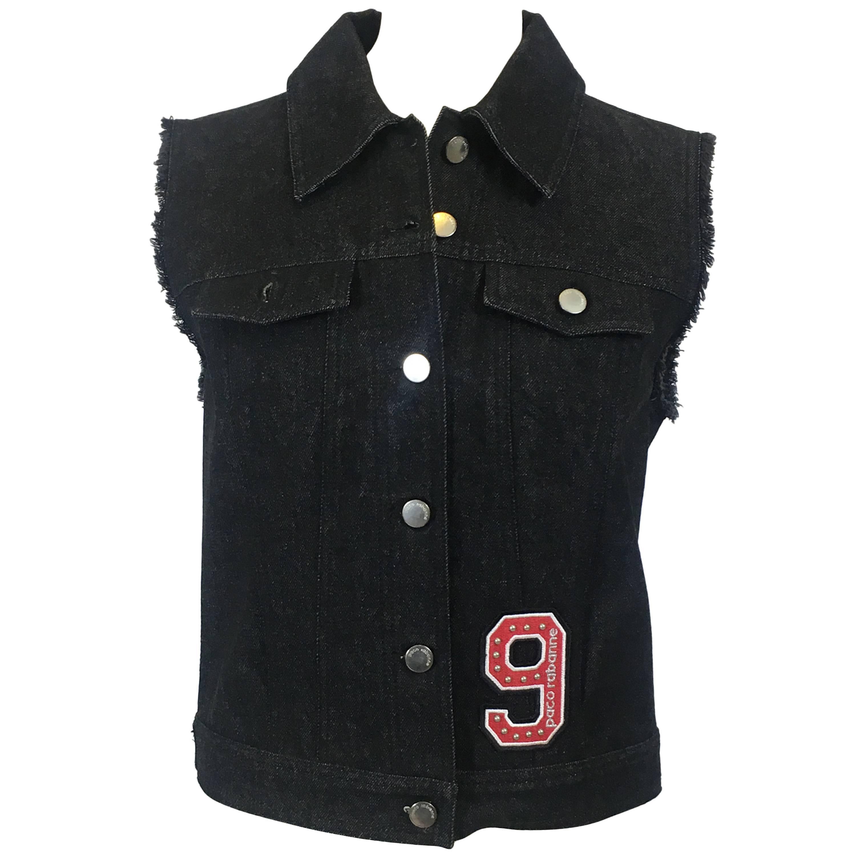 PACO RABANNE Denim Black Vest Jacket w/Silver Mesh Insert For Sale