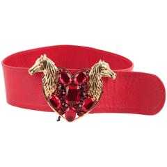 BOZART Italian VINTAGE Red Leather WIDE BELT w/ Embellished HEART BUCKLE 4