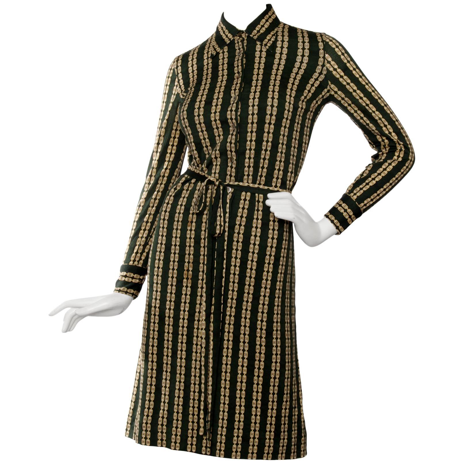 1970s Celine Green Chain Print belted Dress