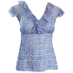 Vintage Oscar de la Renta Blue 'Sequin' Print Semi Sheer 90s Ruffle Blouse Top