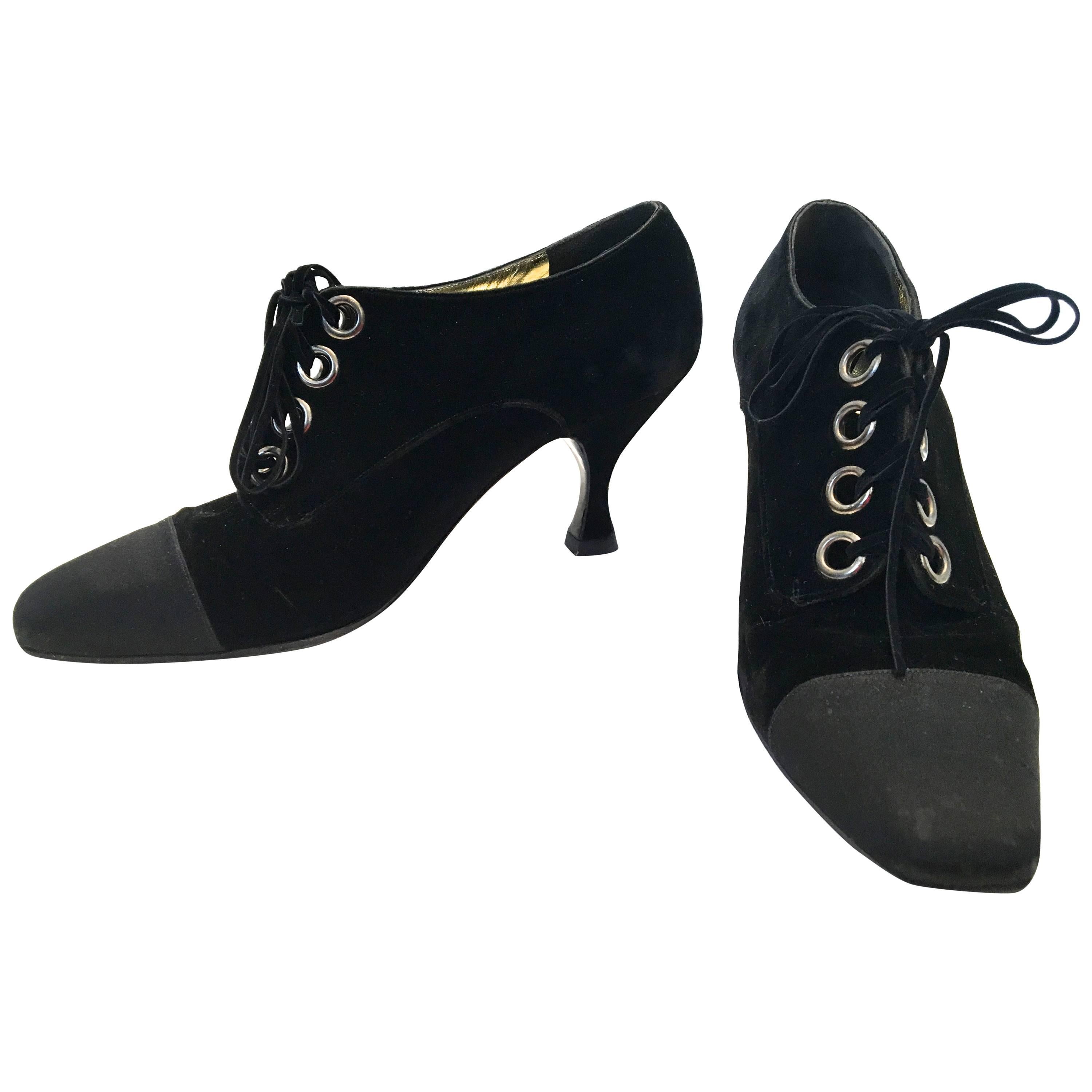 Chanel Velvet Tie-Up Shoes with Square Satin Tip For Sale