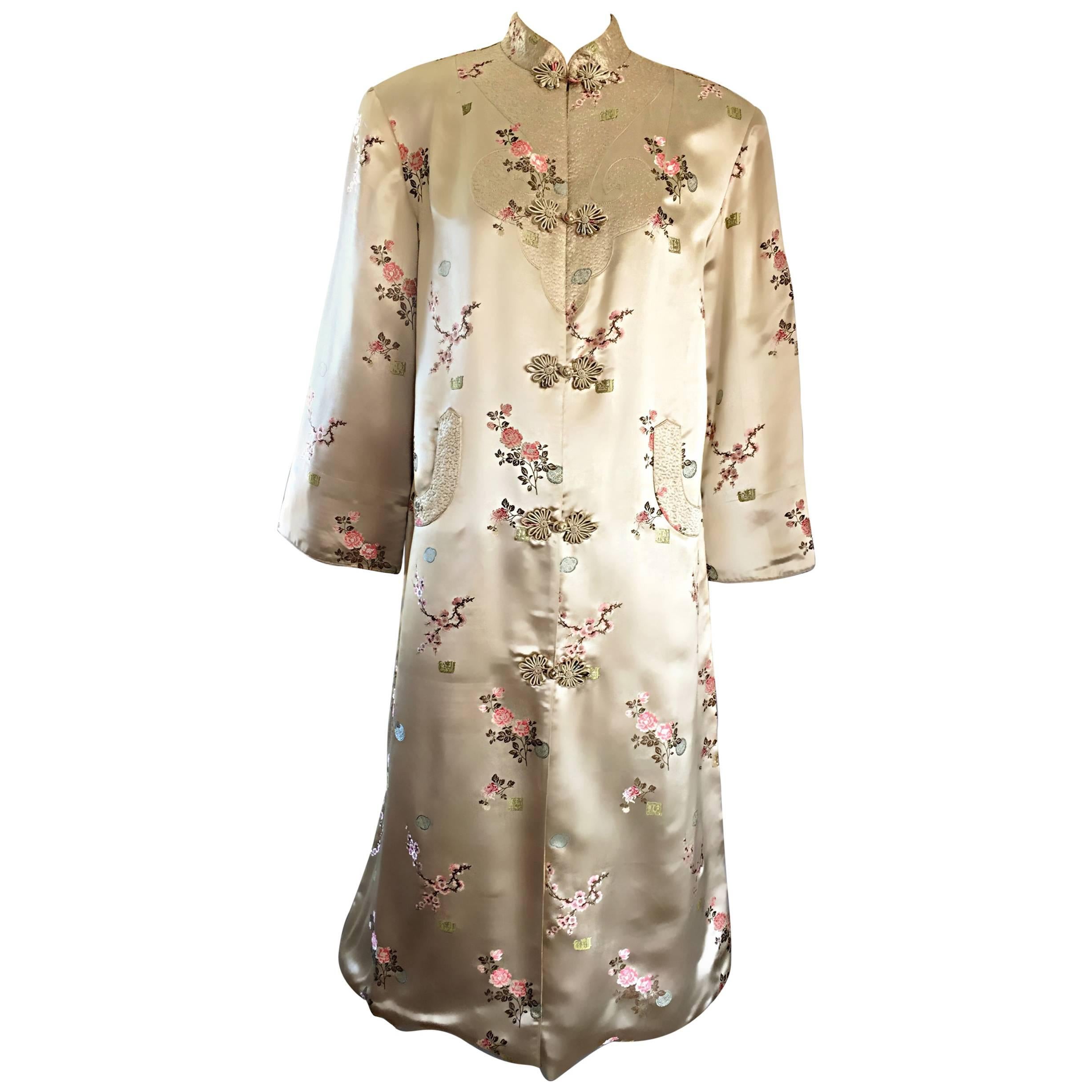 1960s Couture Asian Vintage Light Pale Gold Silk 60s Kimono Jacket w/ Flowers