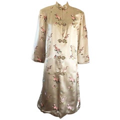 1960s Couture Asian Retro Light Pale Gold Silk 60s Kimono Jacket w/ Flowers