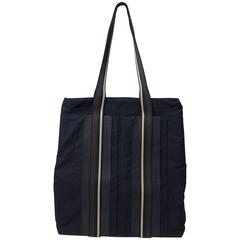 Hermes Black Canvas Leather Stripped Tote