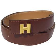 Hermes Burgundy Leather Belt with Goldtone H Buckle