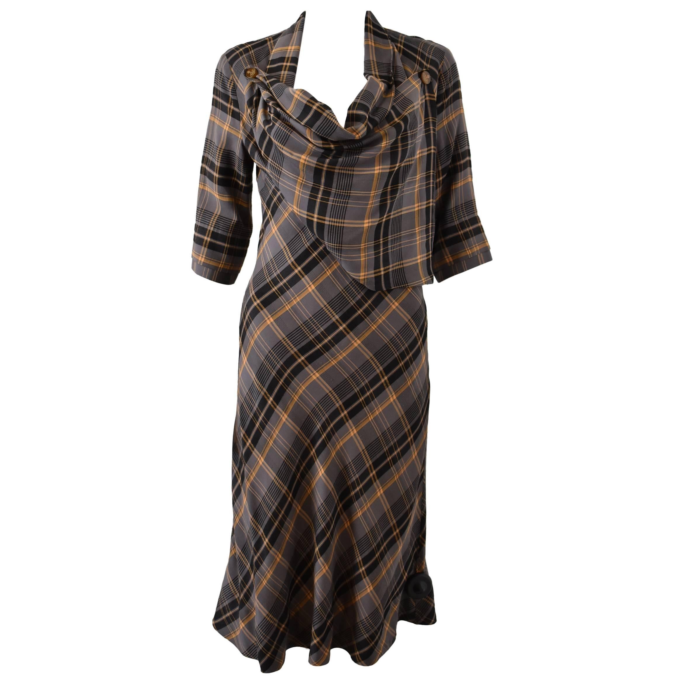 Vivienne Westwood Red Label Grey Tartan Check Dress with Cowl Neck Bib Front For Sale