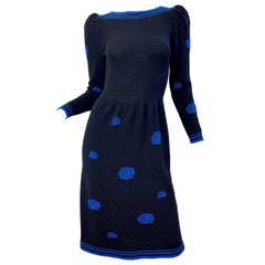 70s Adolfo For Saks 5th Avenue Black Blue Flower Print Vintage 1970s Knit Dress