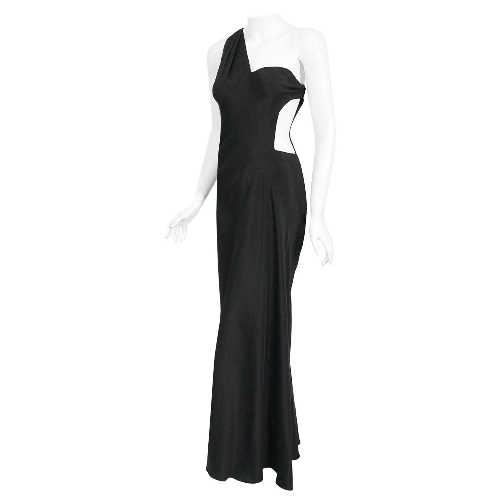 Vintage 1994 Philippe Venet Couture Black Silk Asymmetric Cut Out Bias-Cut Gown For Sale