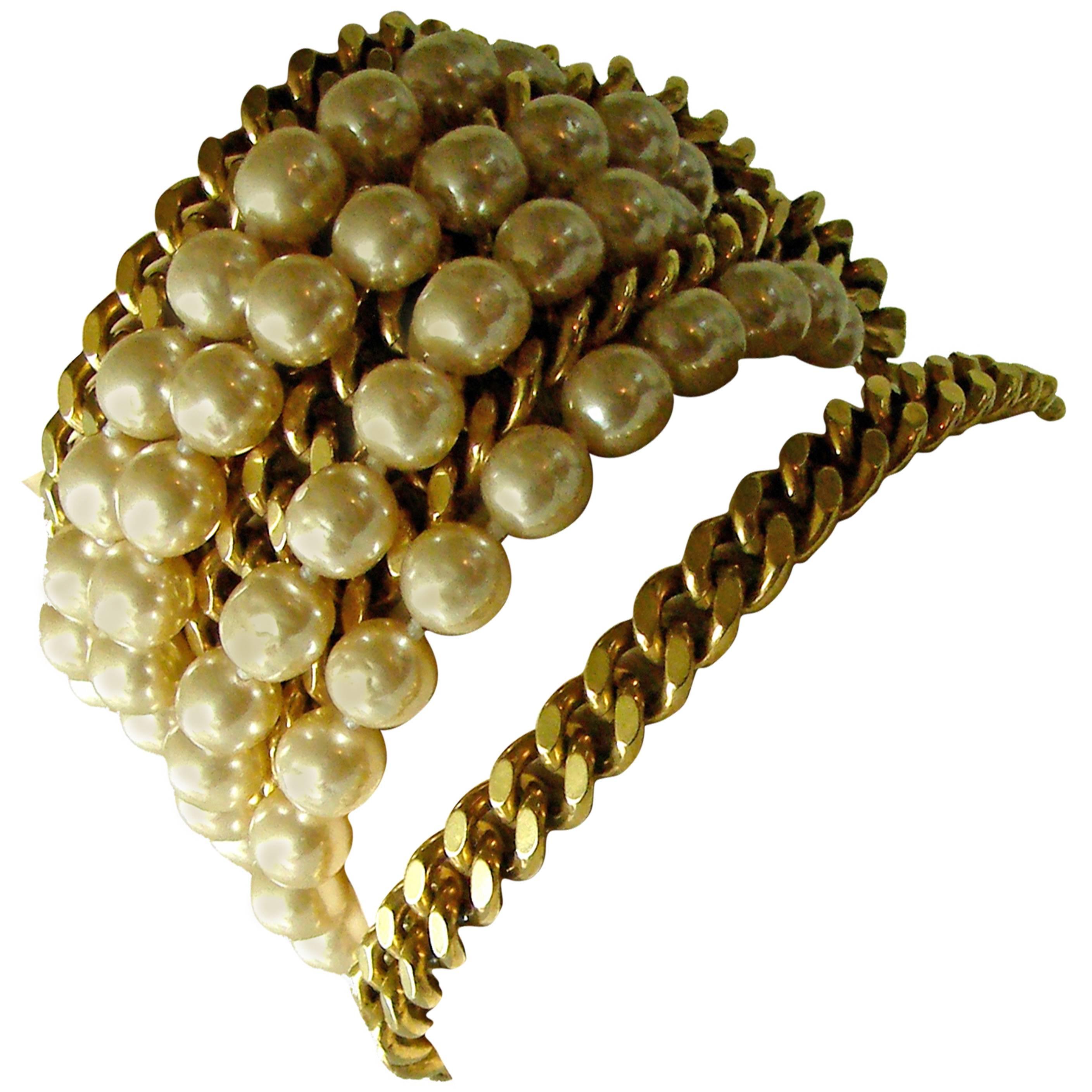 Chanel Pearl and Gold Chain Bracelet Rare Multi Strand, 1970s 
