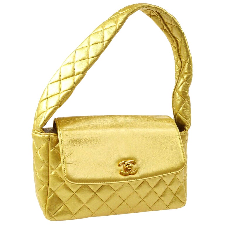 Chanel with Top Handle Rare Limited Edition 1994 Quilted Flap Gold Metallic  Bag For Sale at 1stDibs