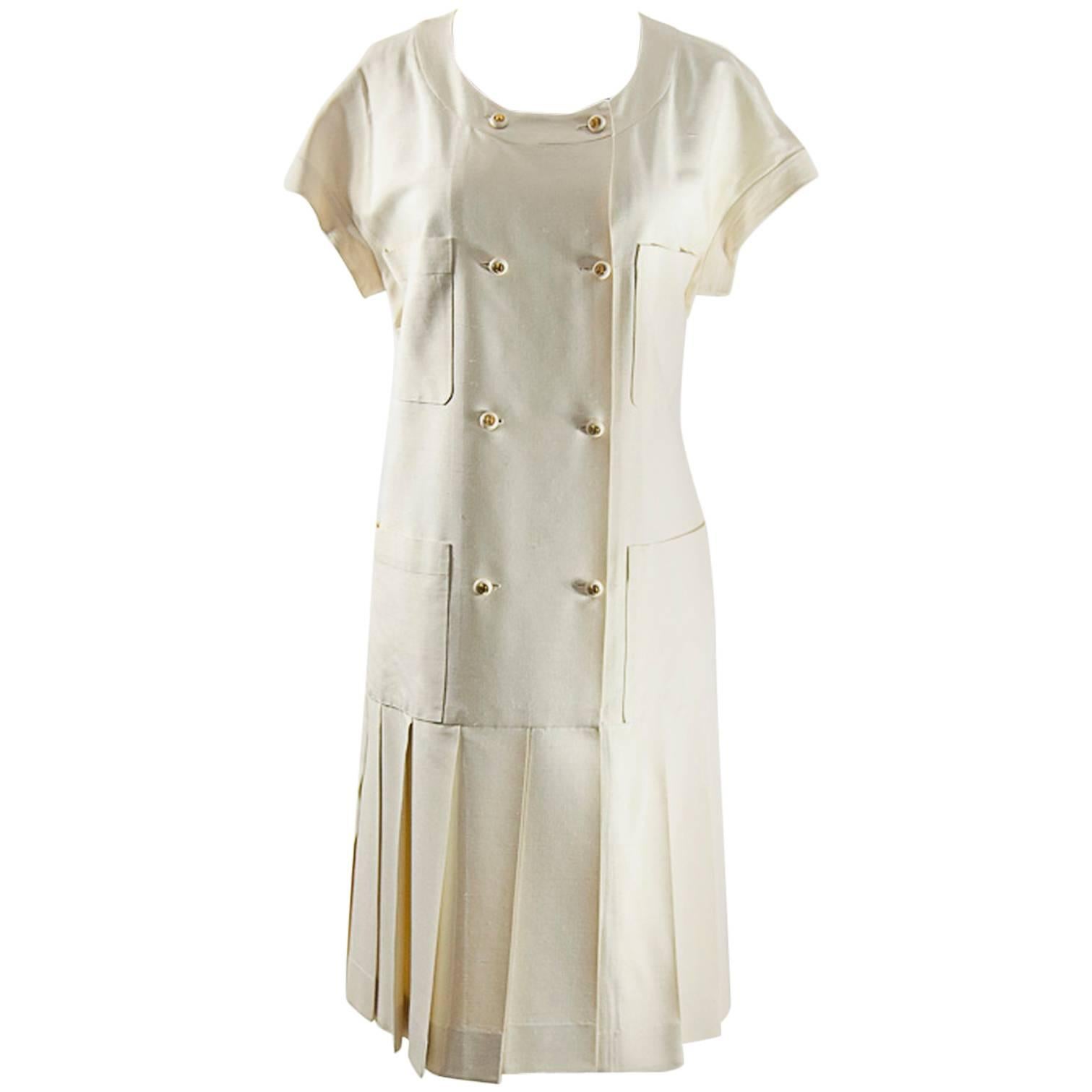 Chanel Creme Silk Pleated Dress