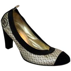 Chanel Metallic Leather and Black Brocade Stretch Pump - 36.5