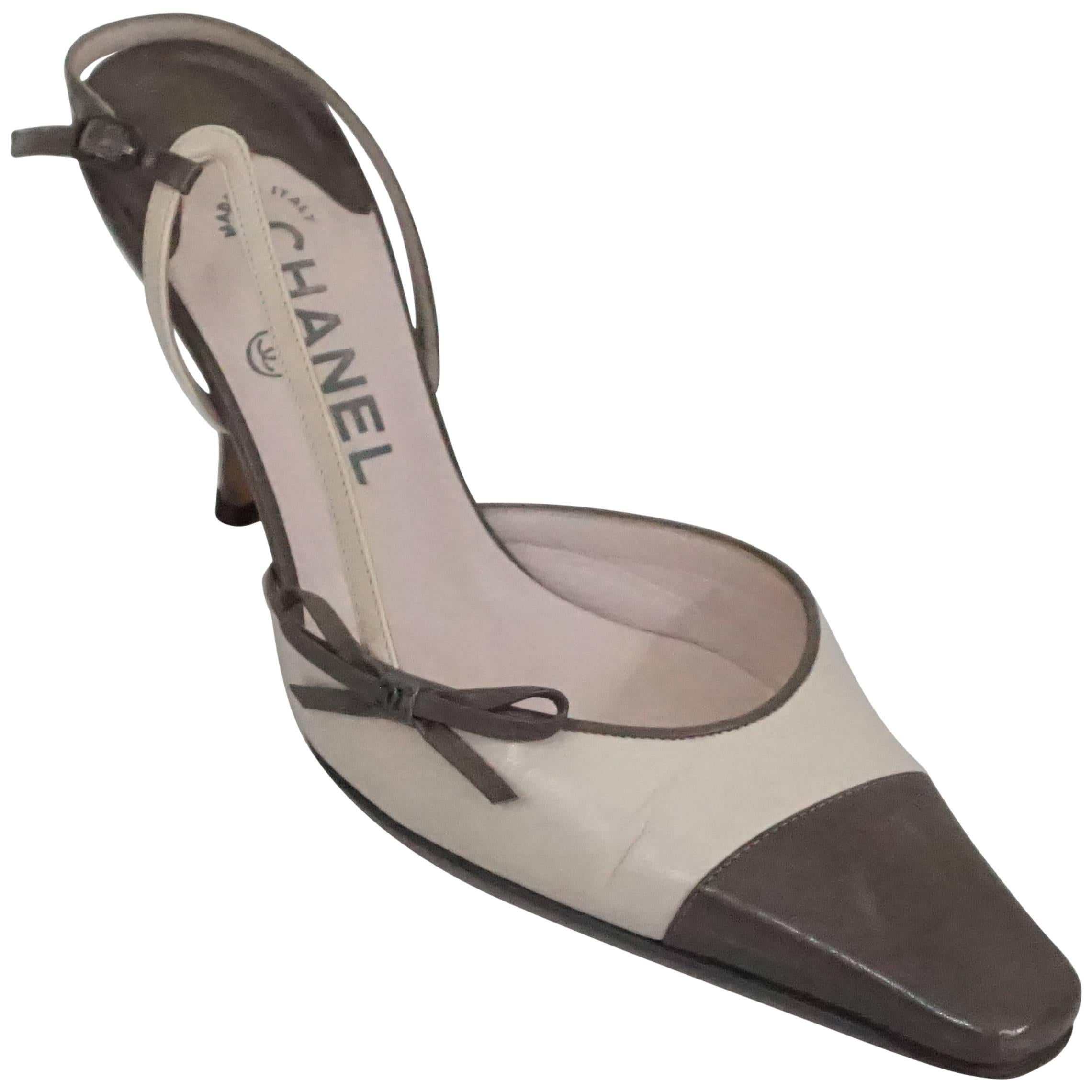 Chanel Creme and Taupe Slingback Heels - 37.5