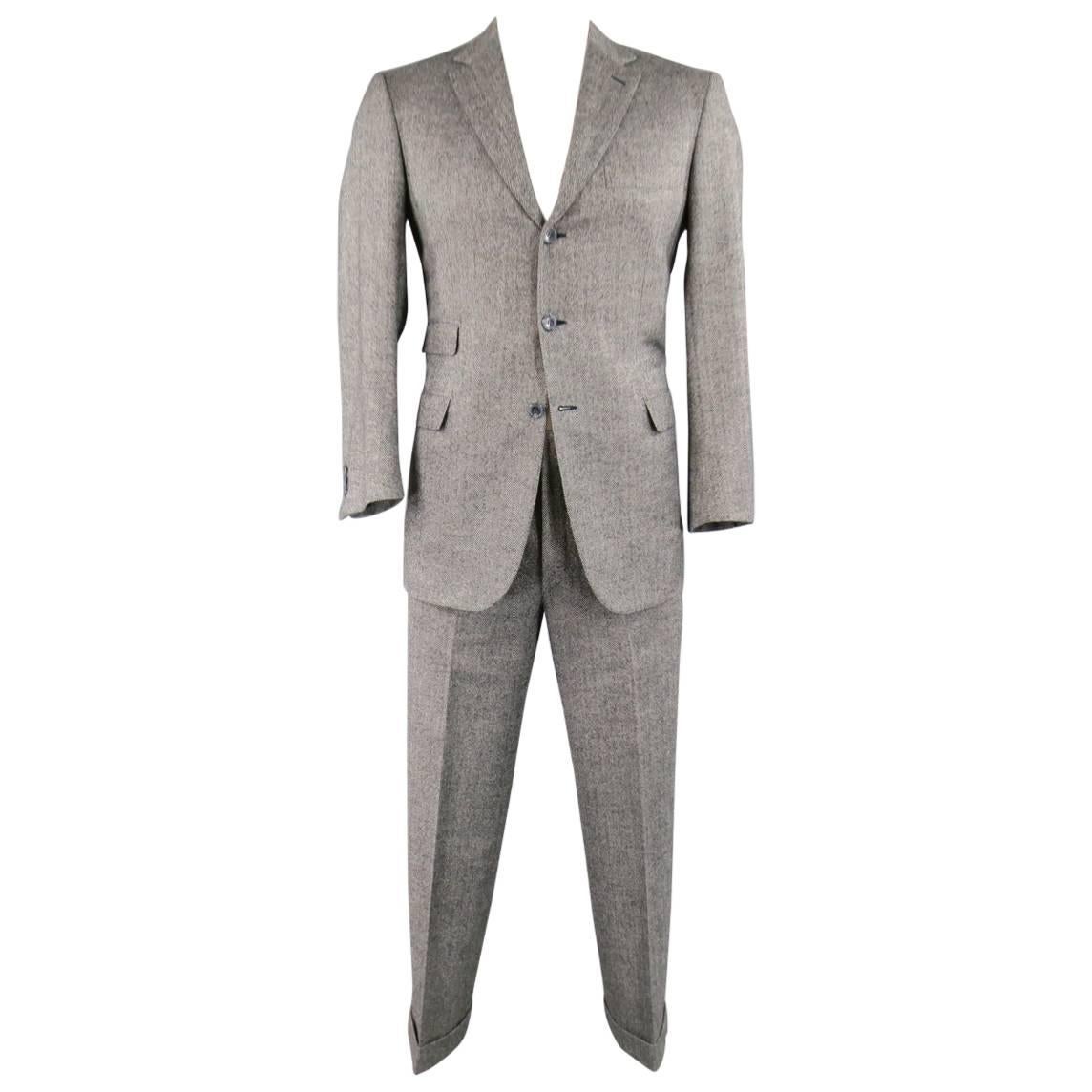 Men's BRIONI 40 Regular Grey Herringbone Wool 33 30 Notch Lapel Suit