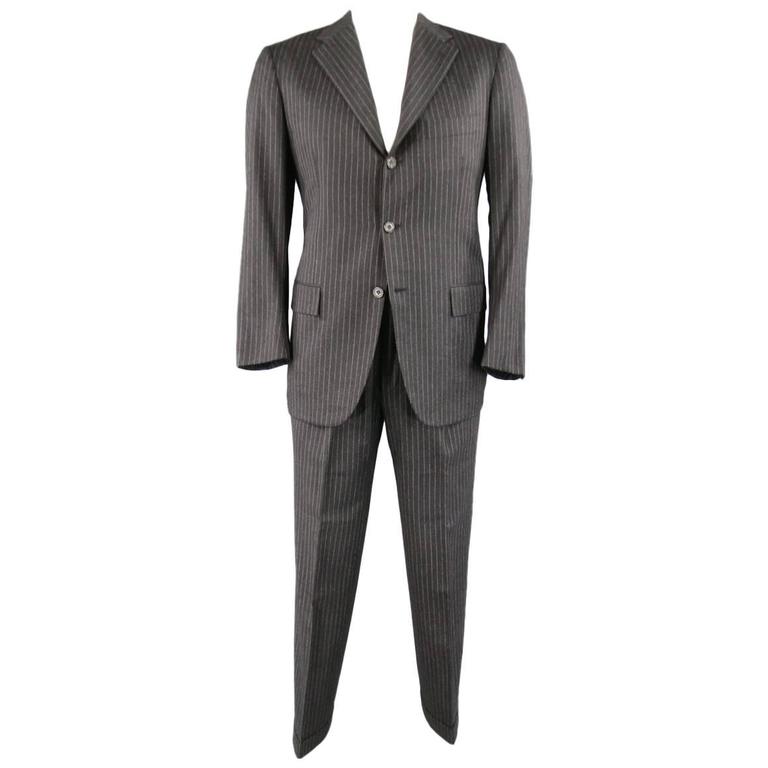 Men's KITON 40 Regular Charcoal Pinstripe Wool 33 30 3 Button Suit at ...