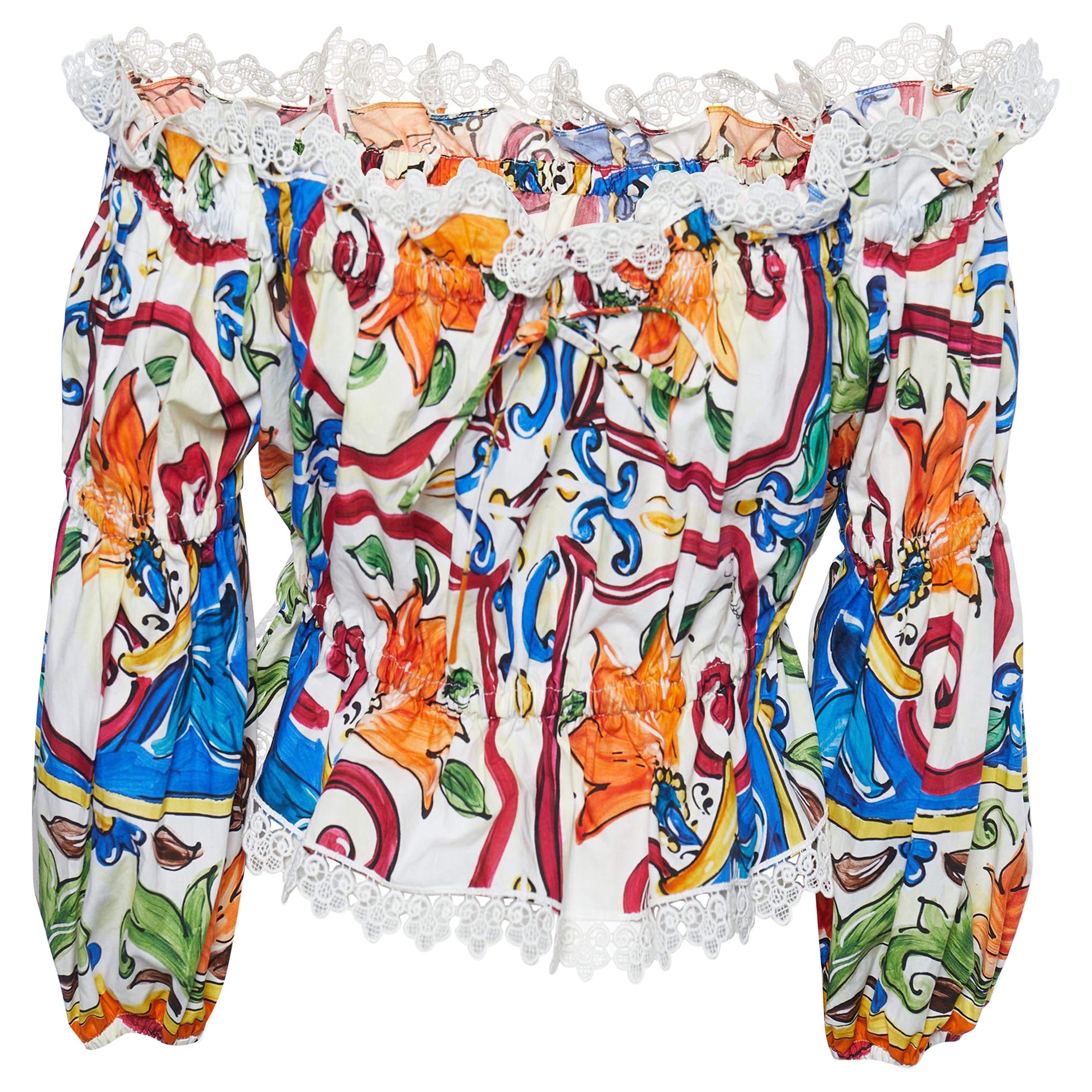 Dolce & Gabbana Multicolor Majolica Printed Cotton Lace Detail Off Shoulder Top 