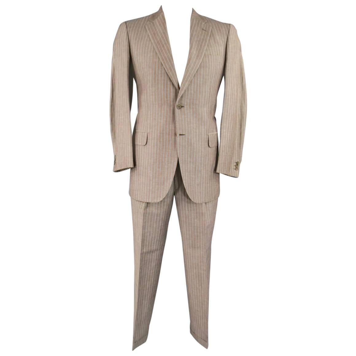 Men's BRIONI 40 Regular Taupe Pinstripe Wool / Linen Notch Lapel 33 30 Suit