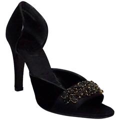 Gucci Black Velvet and Satin Open Toe D'orsay with Black Stone Detail  - 38.5
