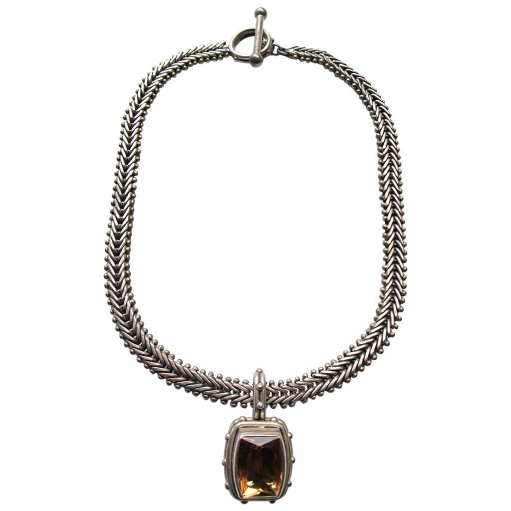 1980's Stephen Dweck Sterling Silver Fishtail Chain Necklace with Smokey Quartz For Sale