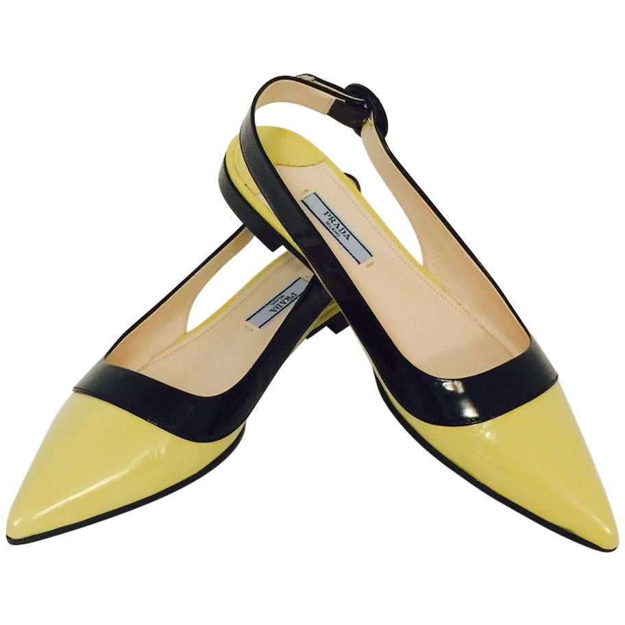 Prada Black and Lemon Color Blocked Patent Low Heel Pointed Toe Sling Backs