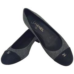 New Chanel Black and Silver Metallic Fabric Cap Toe Low Pumps