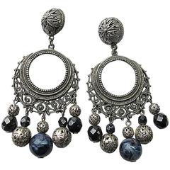 1978 Ben-Amun Silver Tone and Jet Black Faceted Crystal Drop Clip Earrings