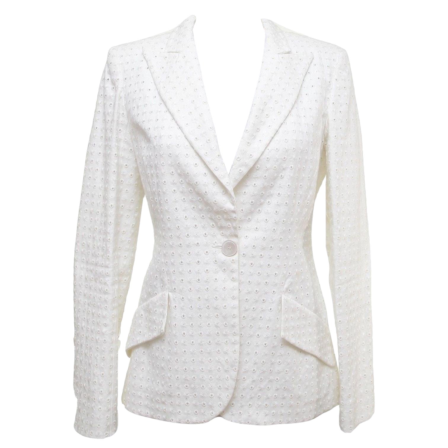 Valentino White Blazer Jacket Eyelet Cotton Viscose Long Sleeve Lined Sz 4