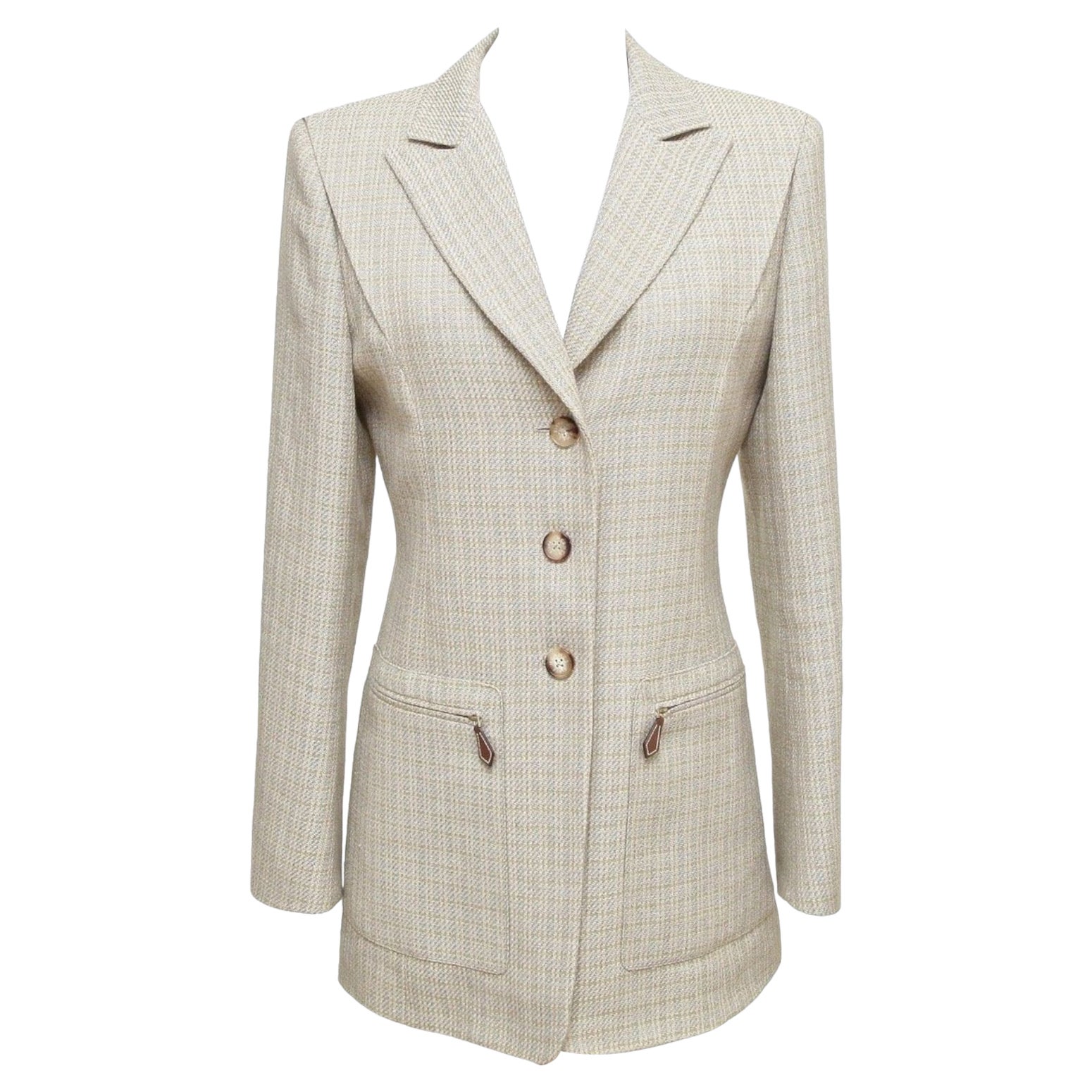 Hermes Jacket Blazer Linen Wool Green Yellow Leather Silk Long Sleeve 38 Vintage