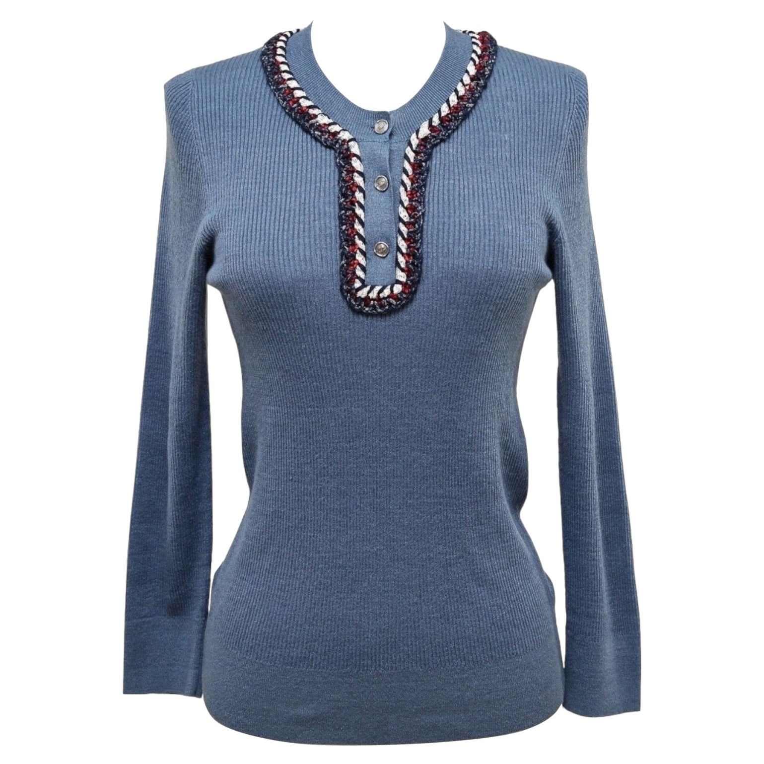 CHANEL Pull en tricot à manches longues rouge marine blanc bleu argenté HW 40 13C 2013 en vente