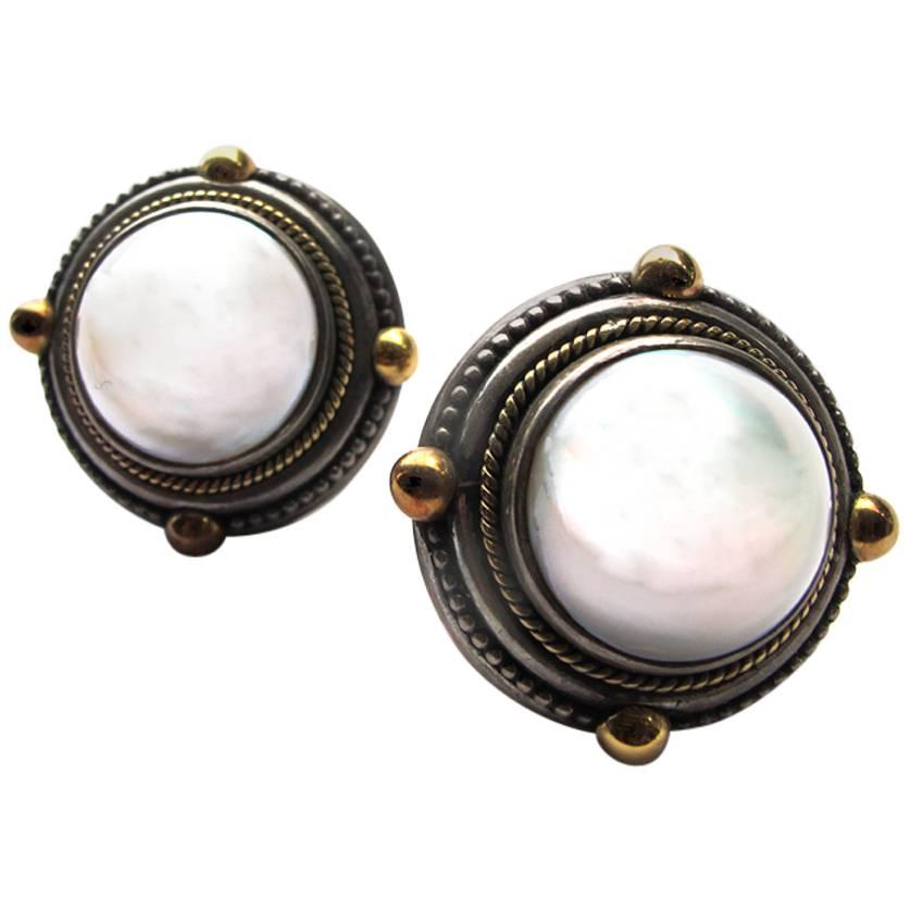 1980's Stephen Dweck Mabe Pearl and Sterling Silver Clip Earrings For Sale