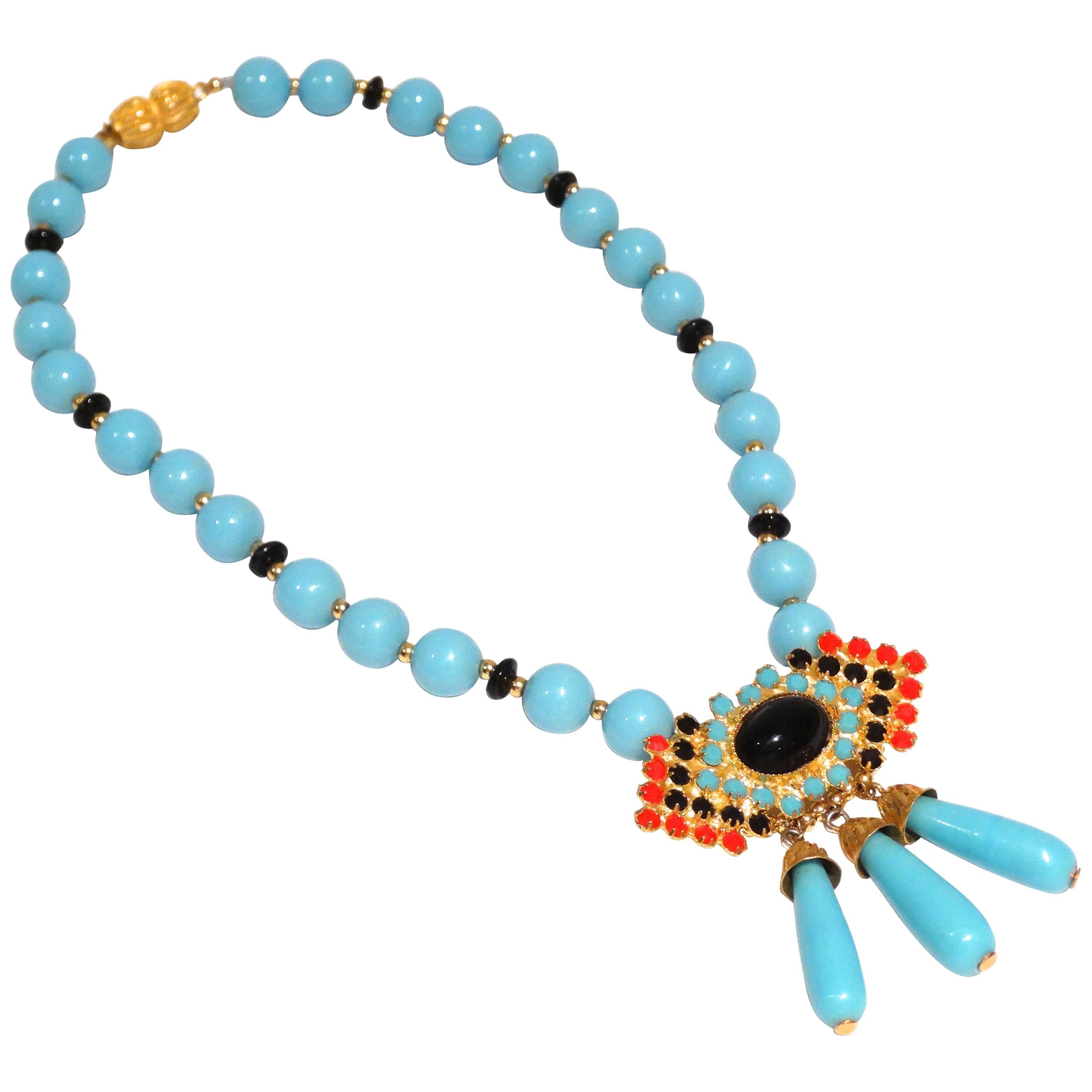 1970s William de Lillo Turquoise Tribal Collar Necklace 
