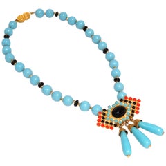 Vintage 1970s William de Lillo Turquoise Tribal Collar Necklace 