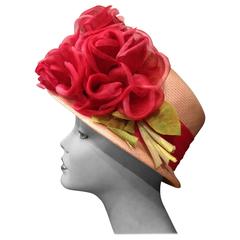 1960s Cathay Pale Pink Straw Flower Pot Hat w Extravagant Roses 6