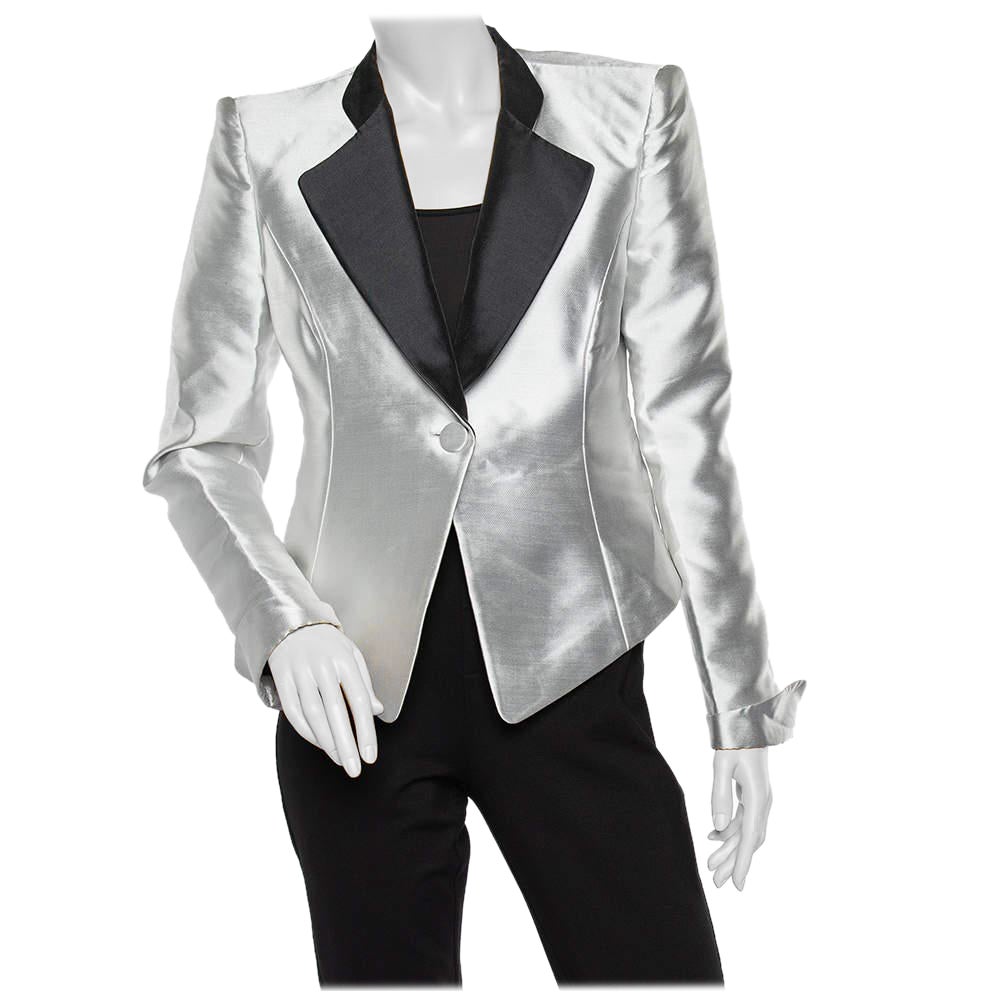 Emporio Armani Metallic Silver Synthetic Contrast Detail Cropped Blazer L For Sale