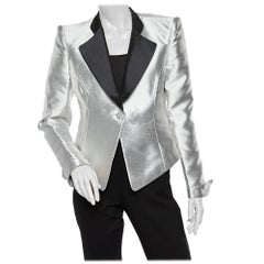 Emporio Armani Metallic Silver Synthetic Contrast Detail Cropped Blazer L