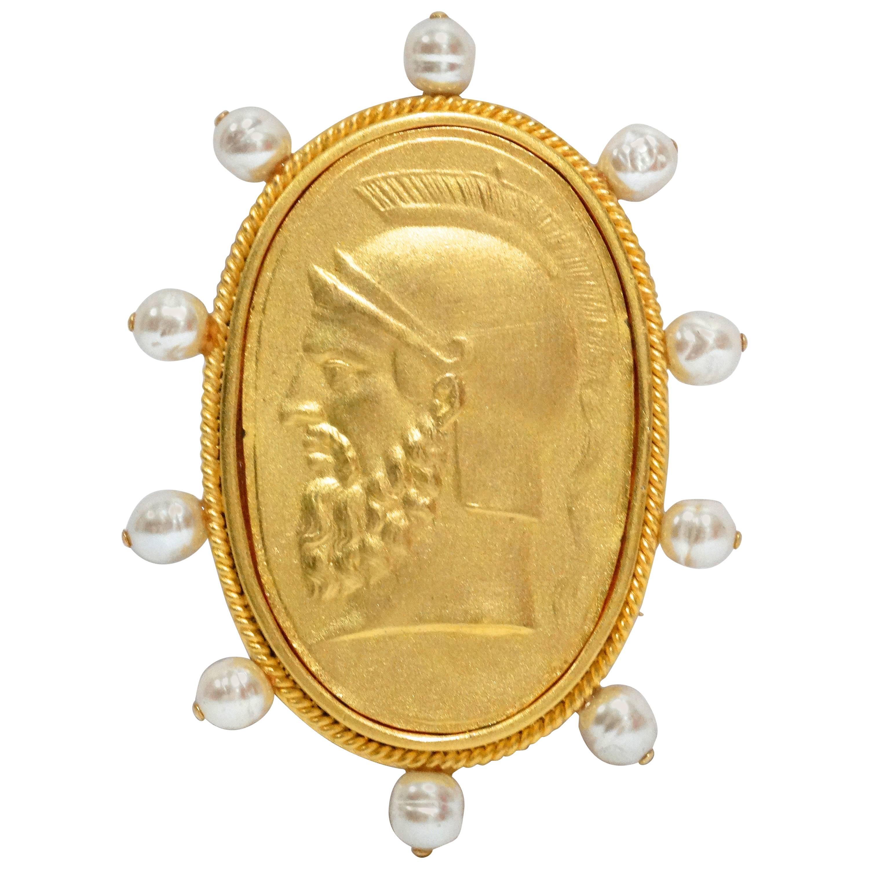 1980s Linda Levinson Trojan Brooch w Fresh Water Pearls 