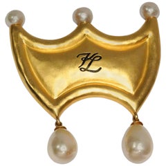 1980s Karl Lagerfeld Crown Brooch with Pearls