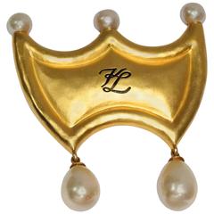 1980s Karl Lagerfeld Crown Brooch with Pearls 8
