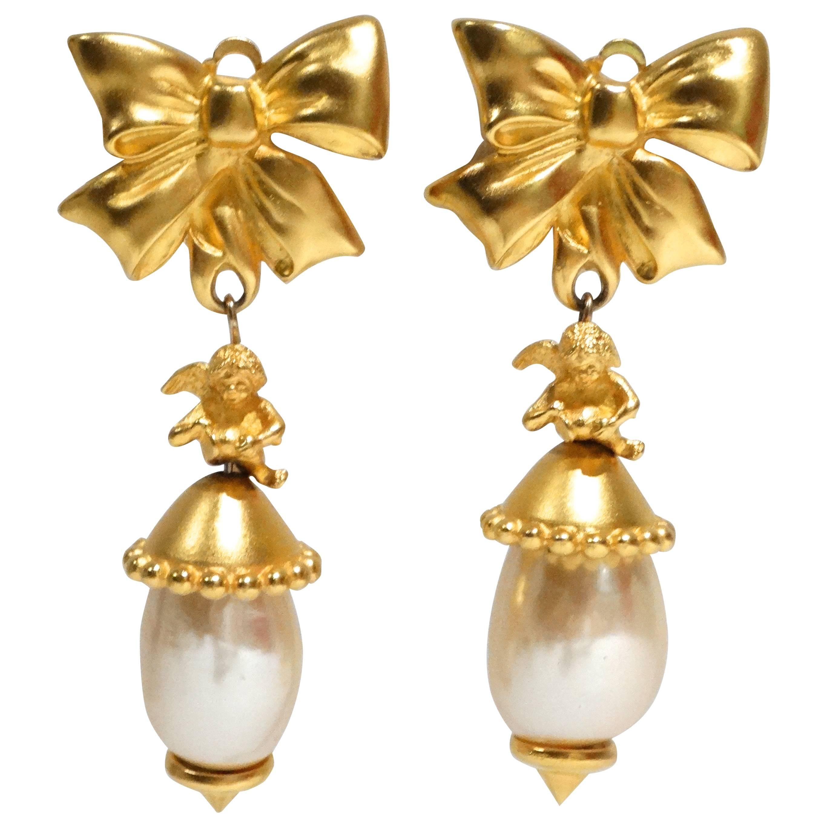 1980s Karl Lagerfeld Cherub Bow Pearl Earrings 