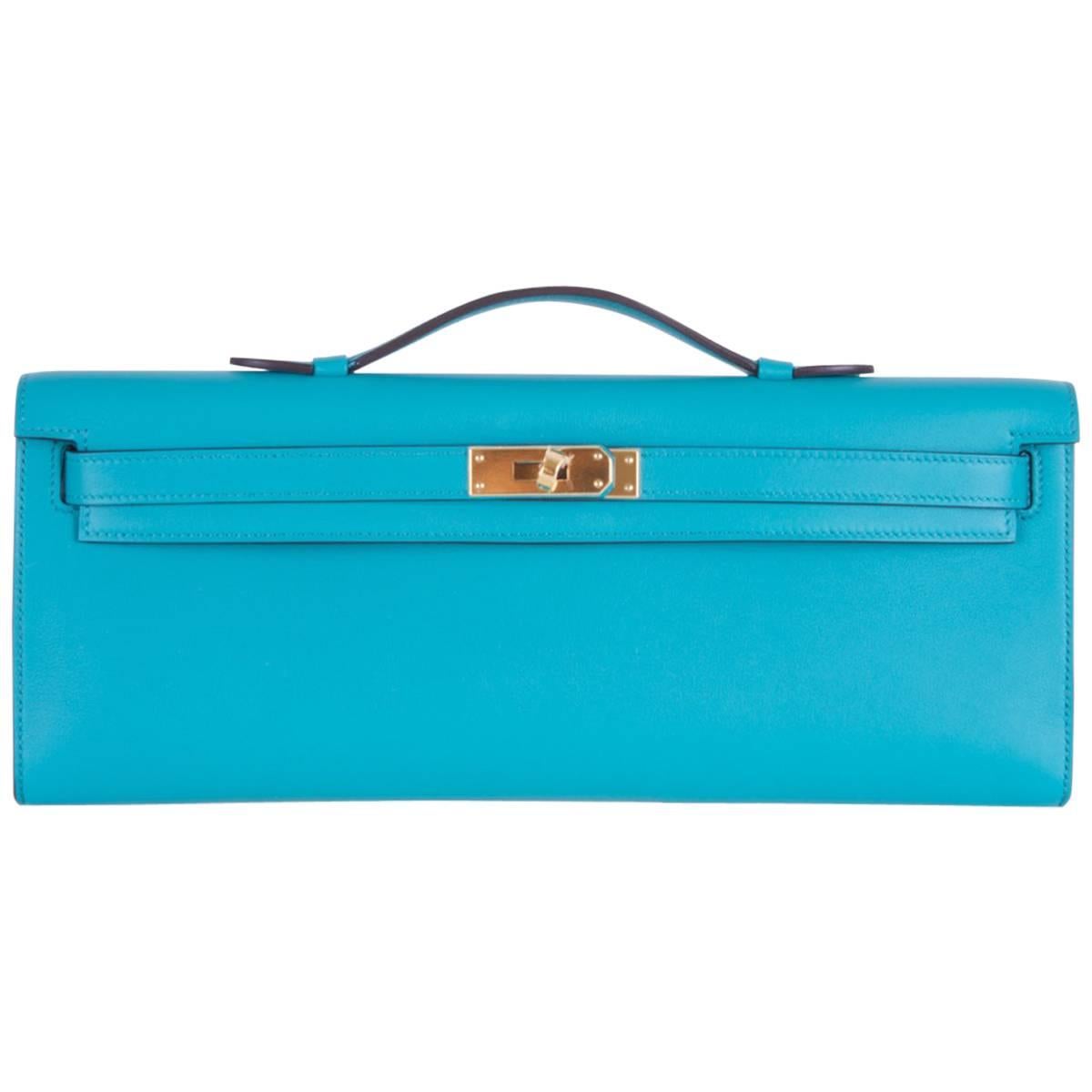 Hermes Blue Paon Swift Kelly Cut Clutch Amazing Color only on JF For Sale