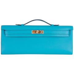 Hermes Blue Paon Swift Kelly Cut Clutch Amazing Color only on JF