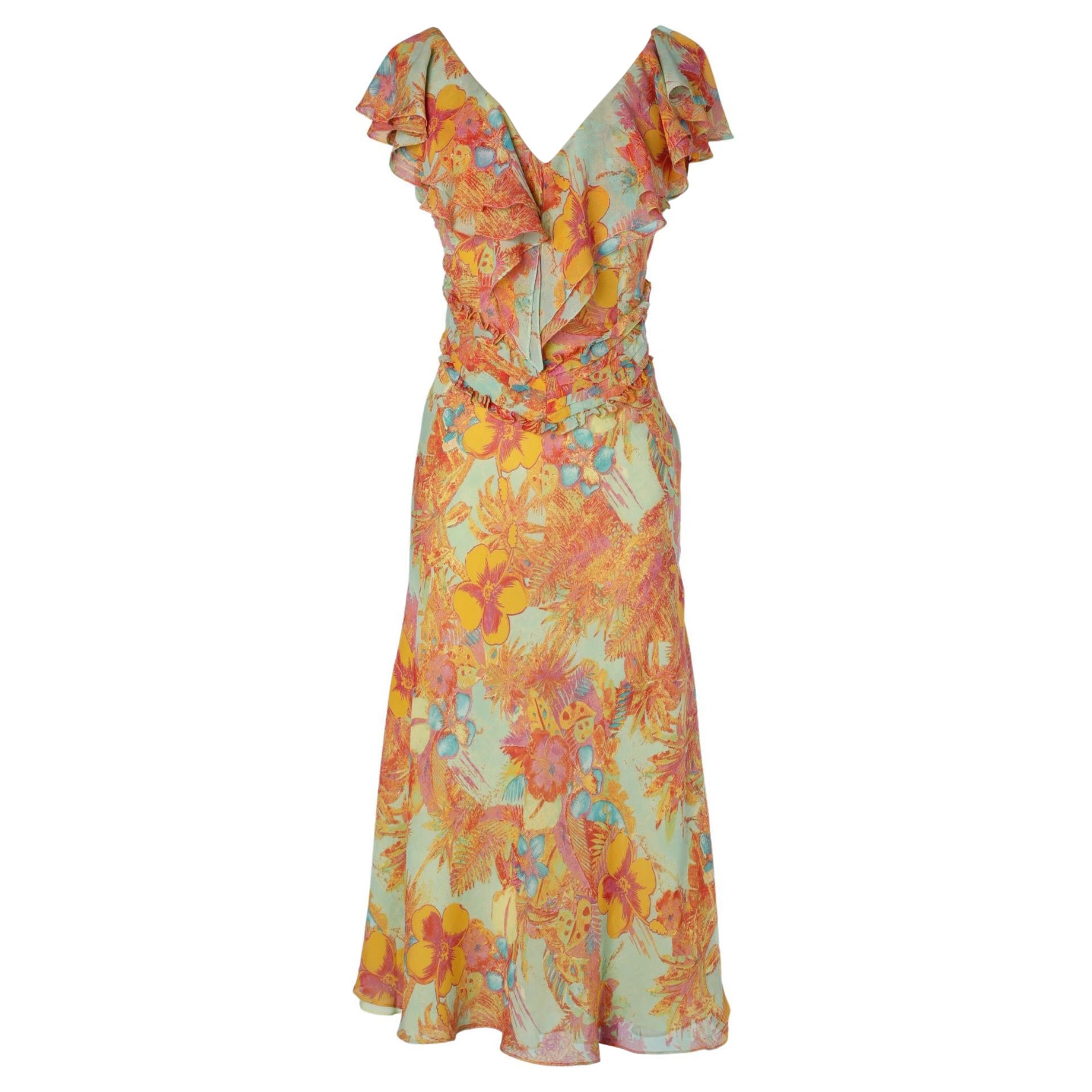 Flower printed chiffon dress with ruffles on shoulders and bust  Gai Mattiolo For Sale