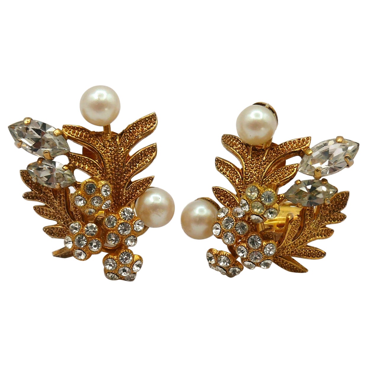 CHRISTIAN DIOR Vintage Jewelled Floral Clip-On Earrings, 1968 For Sale