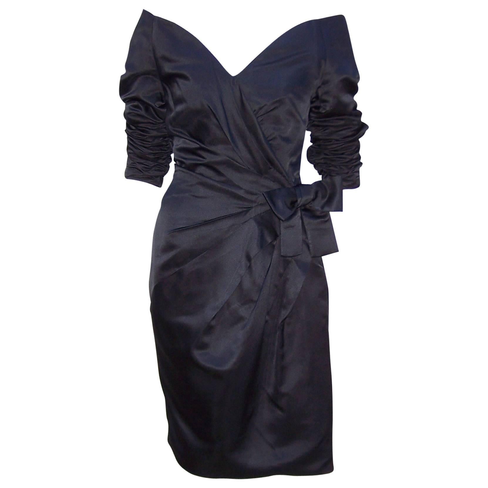 Dramatic 1980's Scaasi Black Ruched Cocktail Dress