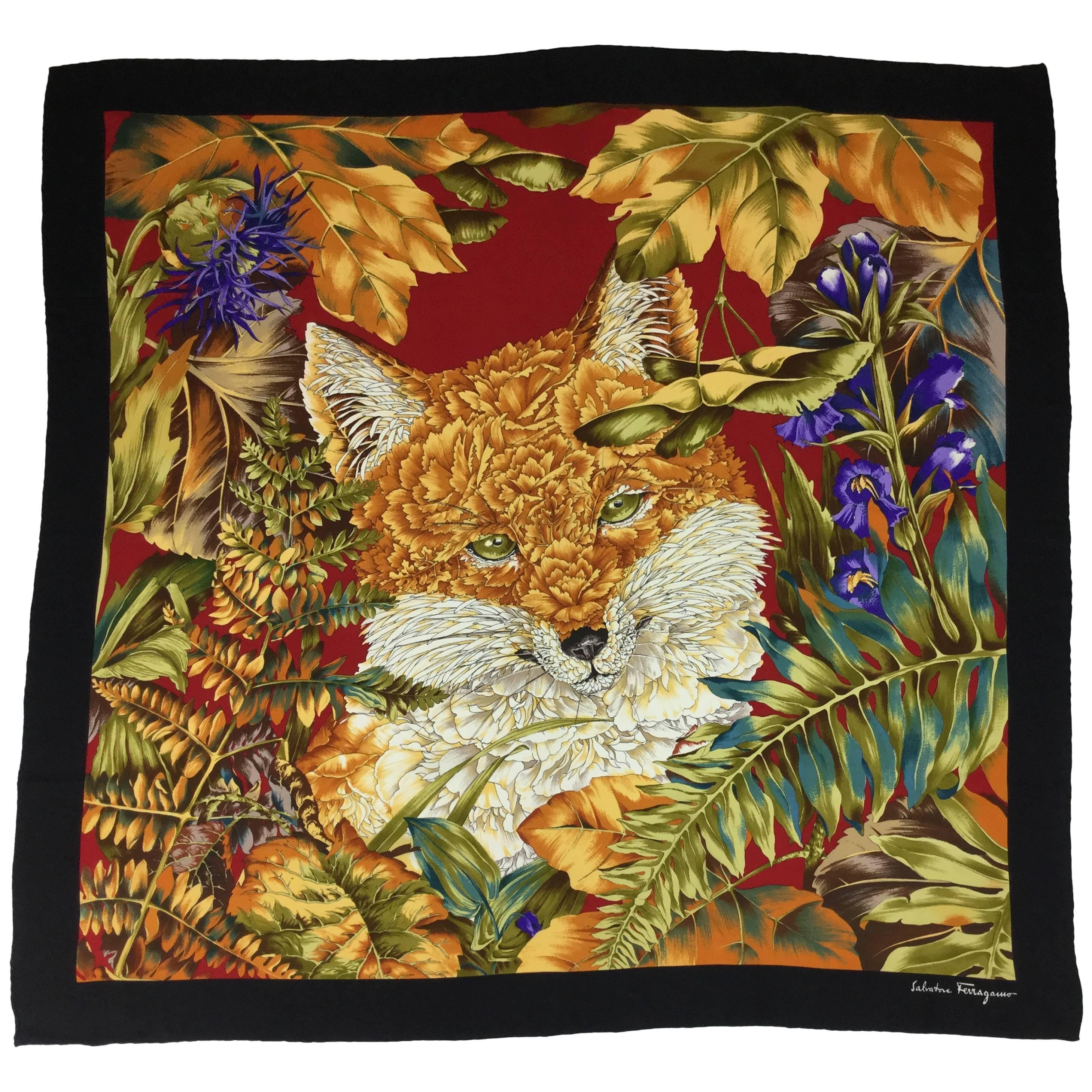 Ferragamo Fox Scarf with Floral Fur. 1980's. 100% Silk.