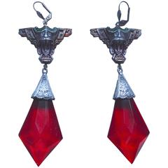 Antique 1920s Deco Red Glass Griffin Earrings