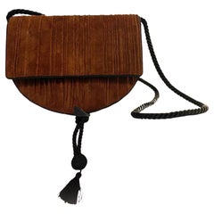 1980s Christian Dior Brown Gathered Faux Suede Clutch Bag with Cord Tassel