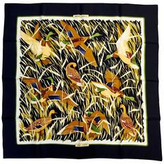 Hermes Black Cols Verts Silk Twill Carre by Christiane Vauzelles Above Excellent