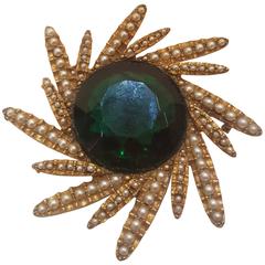 1980s Har Gold tone green ston brooch