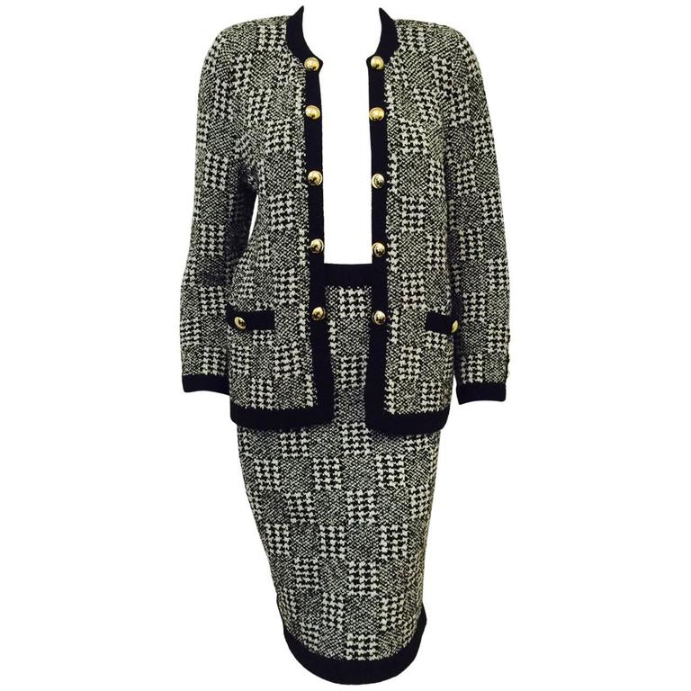 Vintage Adolfo Black and White Wool Houdstooth Check Skirt Suit From ...